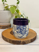 Load image into Gallery viewer, #015 - 16 oz. Blue hydrangea patterned mug with purple rim *see notes