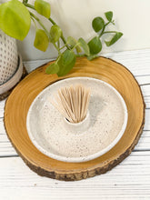 Load image into Gallery viewer, #019 - Small white speckled serving dish with attached tooth pick holder