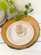 Load image into Gallery viewer, #020 - Small white speckled serving dish with attached tooth pick holder