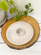 Load image into Gallery viewer, #021 - Small white speckled, green on outside serving dish with attached tooth pick holder