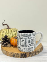 Load image into Gallery viewer, #001 - 16 oz. White speckled mug with Halloween ghost patterns. Black inside. * See notes