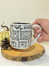 Load image into Gallery viewer, #002 - 16 oz. White speckled mug with Halloween ghost patterns. Black inside. * See notes