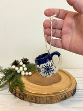 Load image into Gallery viewer, #016 - Mini pottery mug ornament with blue snowflake pattern with cobalt blue rim
