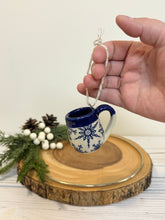 Load image into Gallery viewer, #017 - Mini pottery mug ornament with blue snowflake pattern with cobalt blue rim