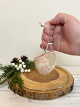 Load image into Gallery viewer, #018 - Mini pottery mug ornament with pink snowflake pattern with pink rim