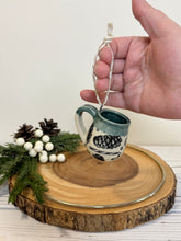 Load image into Gallery viewer, #022 - Mini pottery mug ornament with pinecone pattern with green rim
