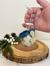 Load image into Gallery viewer, #038 - Mini pottery mug ornament with blueberry pattern with blue rim *see notes