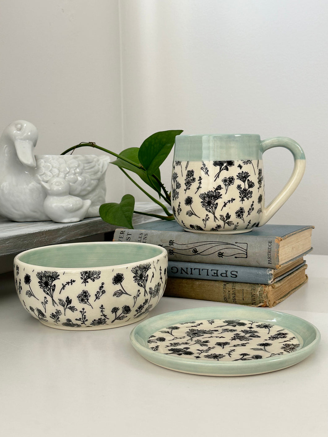 #019 - 3 piece set - Small snack plate, small dessert bowl, and 18 oz. mug with wild flower pattern and aqua rim