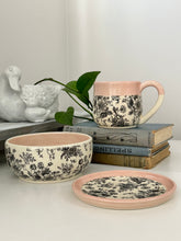 Load image into Gallery viewer, #016 - 3 piece set - Small snack plate, small dessert bowl, and 14 oz. mug with floral bouquet pattern and pink rim
