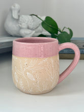 Load image into Gallery viewer, #013 - 20 oz. White floral pattern on bare clay, pink glazed rim and interior
