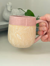 Load image into Gallery viewer, #013 - 20 oz. White floral pattern on bare clay, pink glazed rim and interior

