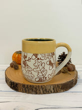 Load image into Gallery viewer, #009 -  16 oz. Brown acorn pattern mug with yellow rim and blue inside
