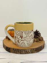 Load image into Gallery viewer, #009 -  16 oz. Brown acorn pattern mug with yellow rim and blue inside
