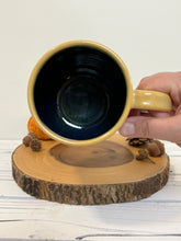 Load image into Gallery viewer, #009 -  16 oz. Brown acorn pattern mug with yellow rim and blue inside
