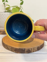 Load image into Gallery viewer, #003 - 16 oz. Green ginkgo patterned mug with blue inside and yellow rim

