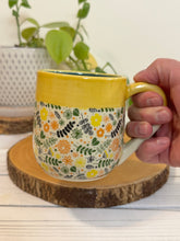 Load image into Gallery viewer, #004 - 14 oz. Coloured floral patterned mug with green inside and yellow rim

