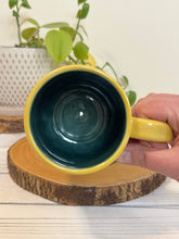 Load image into Gallery viewer, #004 - 14 oz. Coloured floral patterned mug with green inside and yellow rim
