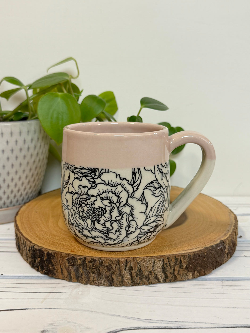 #015 - 16 oz. Peony Patterned mug with pink rim