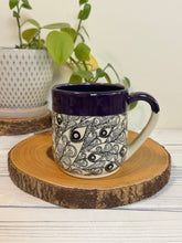 Load image into Gallery viewer, #011 - 16 oz. Peacock feather patterned mug with purple rim
