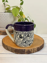 Load image into Gallery viewer, #011 - 16 oz. Peacock feather patterned mug with purple rim
