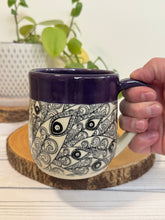 Load image into Gallery viewer, #011 - 16 oz. Peacock feather patterned mug with purple rim
