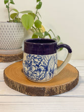 Load image into Gallery viewer, #015 - 16 oz. Blue hydrangea patterned mug with purple rim *see notes
