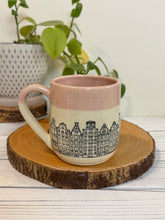 Load image into Gallery viewer, #021 - 16 oz. Amsterdam house patterned mug with pink rim
