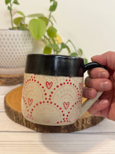 Load image into Gallery viewer, #026 - 14 oz. Heart patterned mug with black rim
