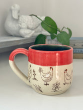 Load image into Gallery viewer, #004 - 14 oz. white Chicken mug with red rim and dark blue inside
