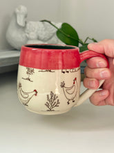 Load image into Gallery viewer, #005 - 16 oz. white Chicken mug with red rim and dark blue inside
