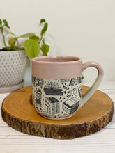 Load image into Gallery viewer, #002 - 16 oz. Book patterned mug with pink rim and inside
