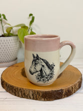 Load image into Gallery viewer, #005 - 16 oz. Horse with flowers patterned mug with pink rim and inside
