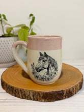 Load image into Gallery viewer, #005 - 16 oz. Horse with flowers patterned mug with pink rim and inside
