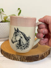 Load image into Gallery viewer, #005 - 16 oz. Horse with flowers patterned mug with pink rim and inside
