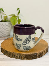 Load image into Gallery viewer, #006 - 16 oz. Moth patterned mug with purple rim and inside
