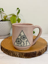 Load image into Gallery viewer, #007 - 16 oz. Pink mug with a flower pattern. Unglazed clay where pattern is
