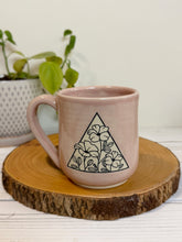 Load image into Gallery viewer, #007 - 16 oz. Pink mug with a flower pattern. Unglazed clay where pattern is
