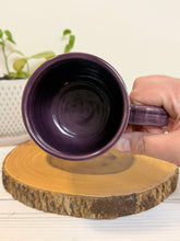 Load image into Gallery viewer, #008 - 16 oz. Purple mug with a bird and flower pattern. Unglazed clay where pattern is
