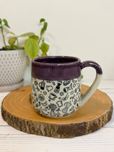 Load image into Gallery viewer, #010 - 16 oz. Coffee and breakfast patterned mug with purple rim and inside
