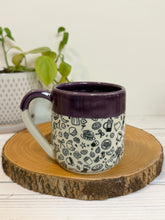 Load image into Gallery viewer, #010 - 16 oz. Coffee and breakfast patterned mug with purple rim and inside
