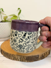 Load image into Gallery viewer, #010 - 16 oz. Coffee and breakfast patterned mug with purple rim and inside

