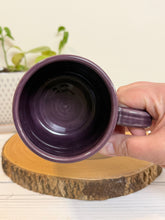 Load image into Gallery viewer, #010 - 16 oz. Coffee and breakfast patterned mug with purple rim and inside
