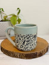 Load image into Gallery viewer, #011 - 16 oz. Coffee and breakfast patterned mug with aqua rim and inside
