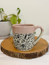 Load image into Gallery viewer, #012 - 16 oz. Coffee and breakfast patterned mug with pink rim and inside
