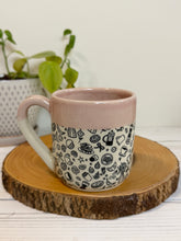 Load image into Gallery viewer, #012 - 16 oz. Coffee and breakfast patterned mug with pink rim and inside
