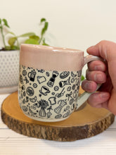 Load image into Gallery viewer, #012 - 16 oz. Coffee and breakfast patterned mug with pink rim and inside
