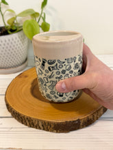 Load image into Gallery viewer, #014 - 12 oz.  Coffee and breakfast patterned Travel sip cup with pink rim

