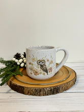 Load image into Gallery viewer, #003 -  16 oz. &quot;Owl with Flora&quot; white speckled mug
