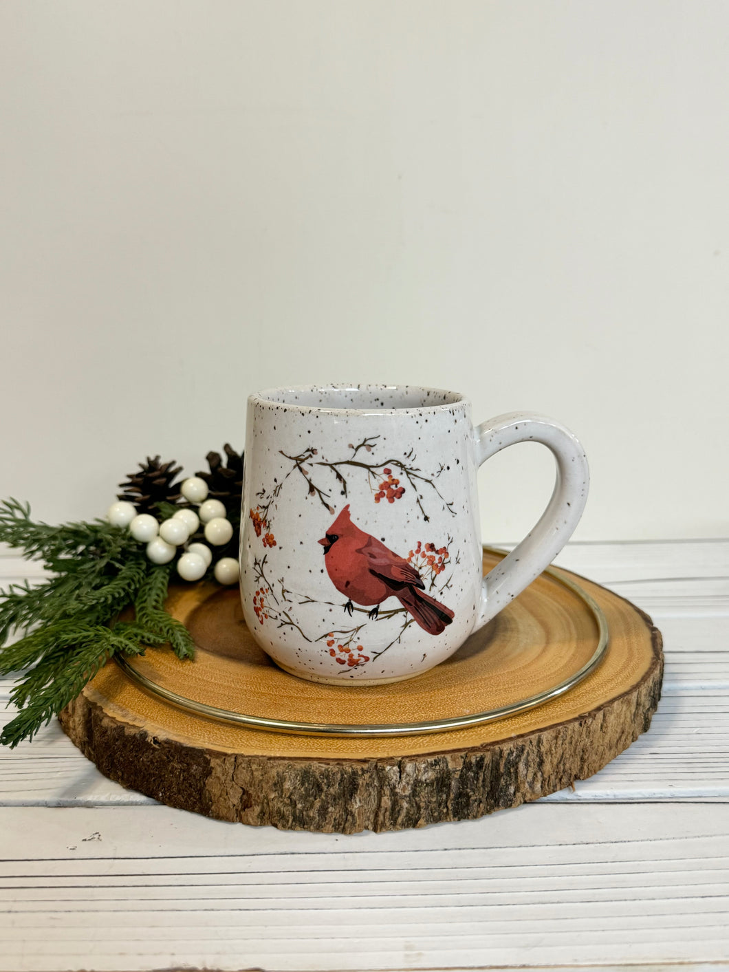 #021 - 14 oz. Cardinal pattern on White speckled mug