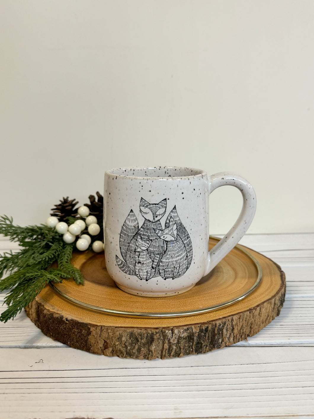 #024 - 14 oz. Fox pattern on White speckled mug